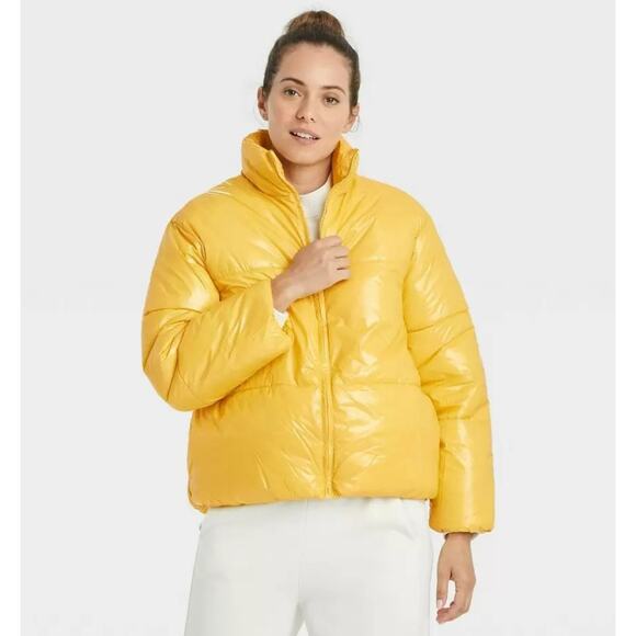 Puffer Jacket Wet Look A New Day Winter Coat Zip Up‎ Puffy Cinch S Yellow Short - Picture 2 of 8